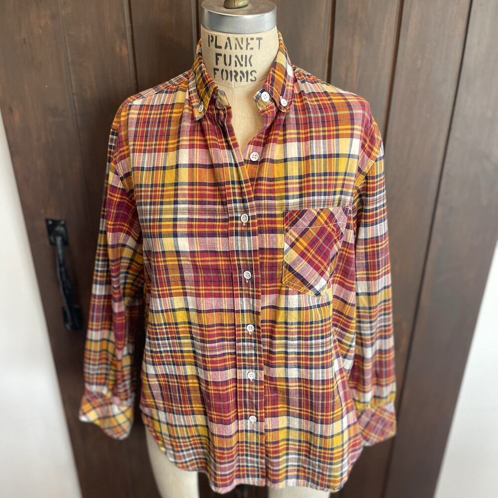 Michel Cotton Vintage Plaid Button-Down Long Sleeve Shirt M Pockets Yellow Red